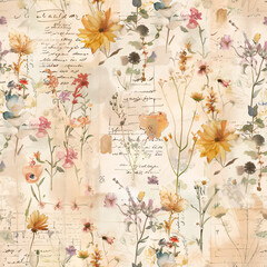 Watercolor Botanical Pattern with Vintage Handwriting