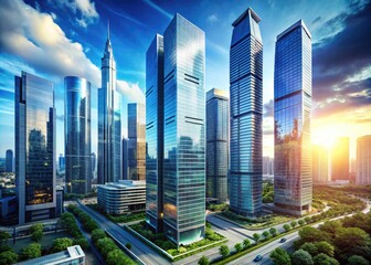 High-tech futuristic skyscraper cityscape glass and steel modern architecture;