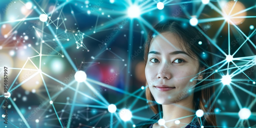Poster a businesswoman with a digital network overlay, emphasizing the role of data in modern business stra