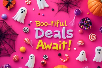 Naklejka premium cute halloween banner with ghost, pumpkin, and cobweb