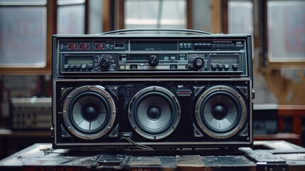Fototapeta premium A vintage boombox with large speakers prominently displayed on a wooden surface, evoking nostalgia and the charm of retro audio technology.