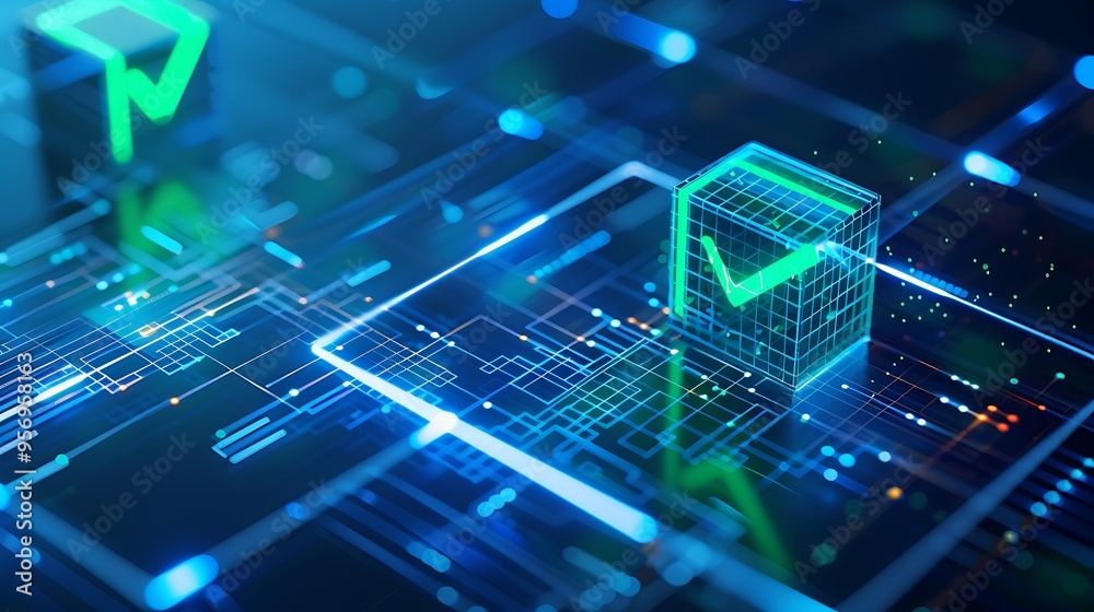 Poster futuristic digital abstract background with glowing checkmarks, representing data validation, tech, 