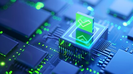 Fototapeta premium Futuristic depiction of cyber security and digital verification represented through a green checkmark on a modern computer chip.