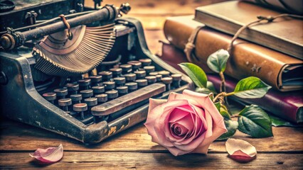 A delicate pink rose lies beside a distressed, antique typewriter, surrounded by scattered papers and forgotten memories, evoking a sense of nostalgic romance and forgotten tales.