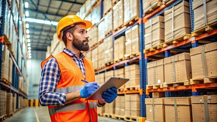 Hispanic warehouse worker in a bright orange vest and gloves, standing amidst stacked crates and boxes, examining inventory with a worn clipboard in hand.