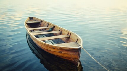Obraz premium A solitary wooden rowboat floats serenely on still waters, evoking a sense of peace and calm at dawn.