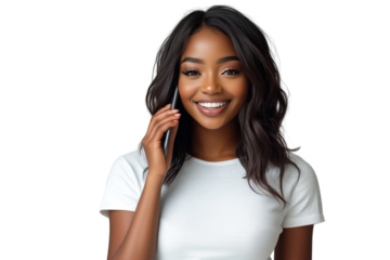 Black female wear white shirt and talking on phone a transparent background