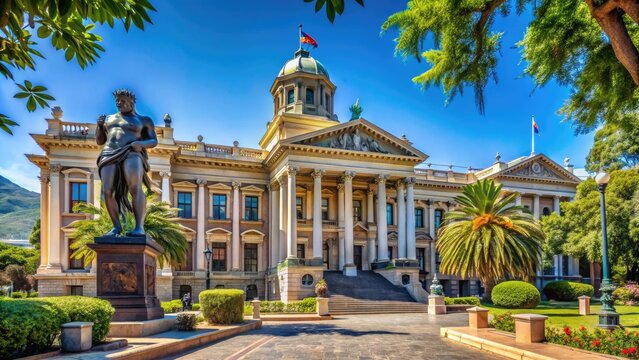 Historic Cape Town parliament building with flags and statue, surrounded by lush gardens and trees, against a bright blue sunny day sky backdrop.