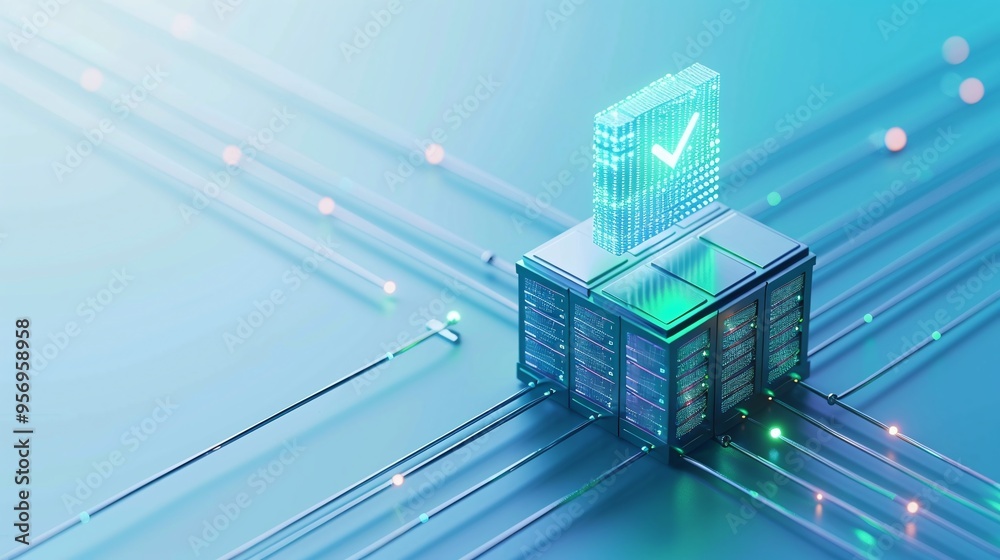 Poster futuristic digital blockchain technology concept with glowing check mark on a network server, repres