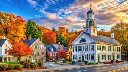 Historic rural town scene in Dover, Massachusetts, featuring charming colonial-era buildings, picturesque town hall, and verdant autumn foliage along a quaint main street.