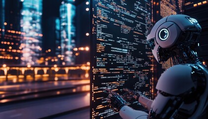 Technological Marvels: AI Robot Writing Code Against Futuristic City Backdrop