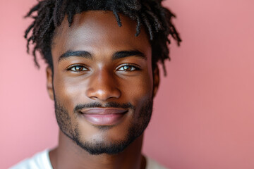 Obraz premium A close-up of a young man with a contagious smile and sparkling eyes, wearing a simple T-shirt, isolated on a pastel pink background,