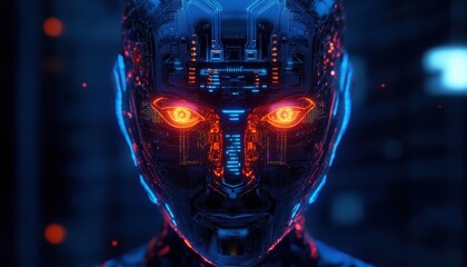 Cybernetic AI Consciousness - Humanoid Robot Head with Glowing Eyes and Abstract Digital Patterns