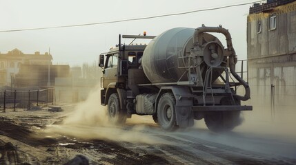 A rugged construction site with a cement mixer truck navigating through dusty terrain in the early morning, capturing essence of labor.