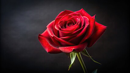 A delicate, velvety red rose blooms against a dramatic, high-contrast black background, its petals softly illuminated, emphasizing its elegant beauty and subtle texture.