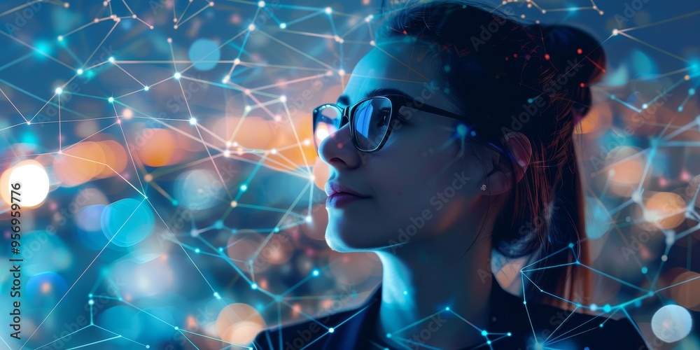Poster a businesswoman with a digital network overlay, emphasizing the role of data in modern business stra