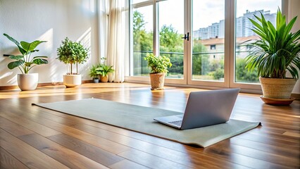 Serene home yoga studio setup with laptop, mat, and calming atmosphere, ideal for virtual online yoga classes and mindfulness practices.