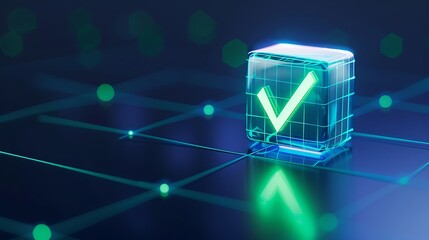 Futuristic digital checkmark in a glowing cube on a grid background, symbolizing modern technology, validation, and successful verification.
