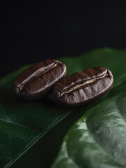 Obraz premium Coffee Beans on Green Leaf