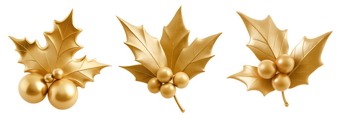 Set of golden Christmas mistletoe holly leaves decorations
