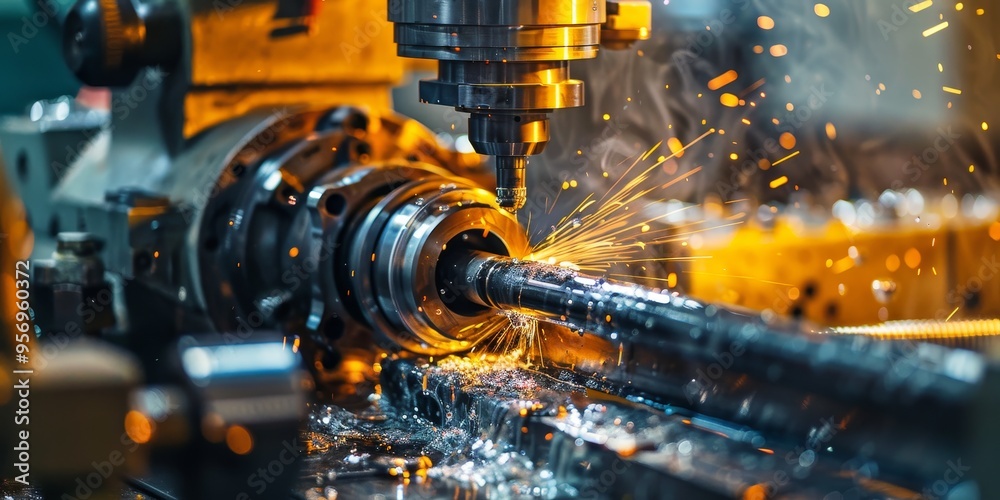 Poster industrial manufacturing workshop with cnc machines and tools, precision engineering and craftsmansh