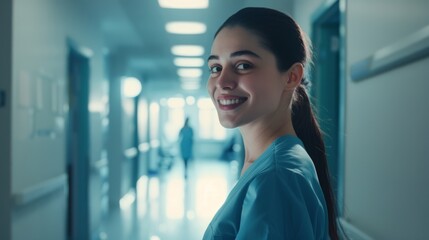 A young female healthcare worker in scrubs smiles confidently, standing in a bright hospital corridor, exuding professionalism and warmth.