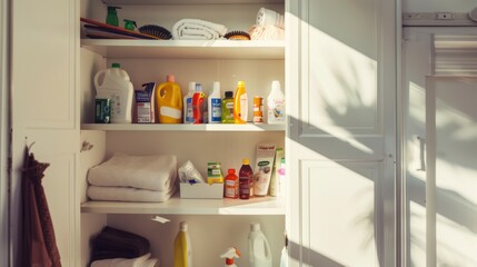 Bright sunlight pours into a cozy, well-organized laundry room featuring shelves stacked with colorful towels, cleaning supplies, and household products.