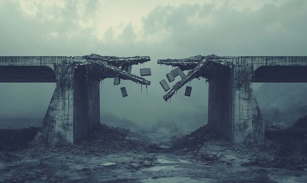 Broken Bridge Between Countries with Trade Goods Falling Into an Abyss Representing Sanctions' Disruption