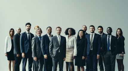 Obraz premium A professional group photo featuring a diverse team of individuals in business attire, exuding confidence and unity against a sleek, simple background.