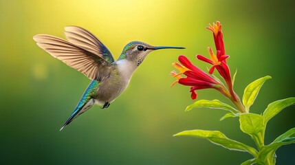 Naklejka premium Hummingbird in Flight with Red Flower - Nature Photography