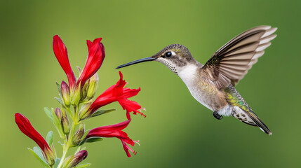 Fototapeta premium Hummingbird in Flight with Red Flowers