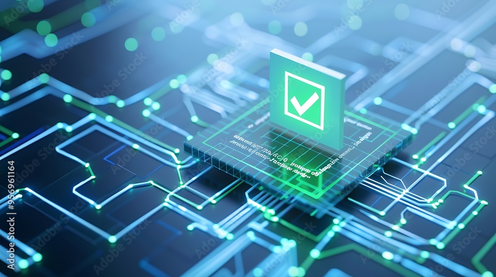 Poster futuristic digital circuit board with green checkmark symbolizing blockchain technology, digital sec