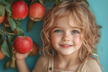 A scene of a child reaching up to pick ripe apples from a low-hanging branch, with a wide smile on their face, isolated on a pastel blue background,