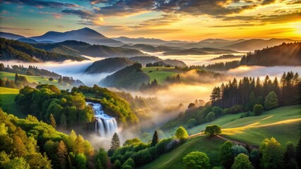 Fototapeta premium Serene misty dawn breaks over a tranquil valley, with rolling hills, lush green forests, and sparkling waterfalls, set against a majestic mountainous backdrop.