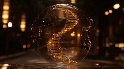 A glowing, gold spiral DNA strand inside a glass sphere.