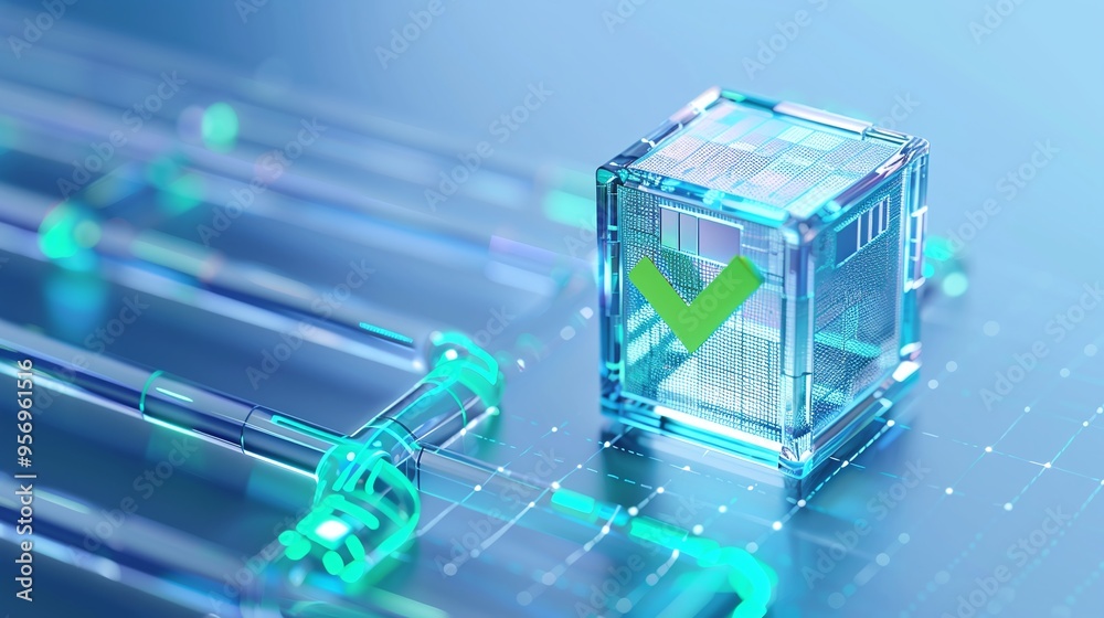 Poster futuristic digital concept showcasing a transparent cube with a green checkmark, representing techno