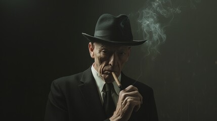 A figure in a dark suit and hat, smoking a pipe in a dimly-lit setting, exuding a sense of mystery and classic noir atmosphere.