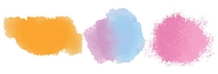 Brush colourful splash paint ink stroke round frame.  Grunge watercolor backgrounds vector set. Abstract rainbow coloured splash, powder explosion, brush strokes, stain. Acrylic pink and purple colors