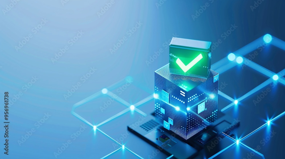 Poster futuristic digital concept with a glowing green checkmark and interconnected technology, symbolizing