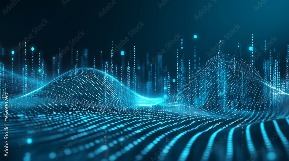 Aufkleber Abstract image featuring blue and green tones. It is a digital binary code wave background.