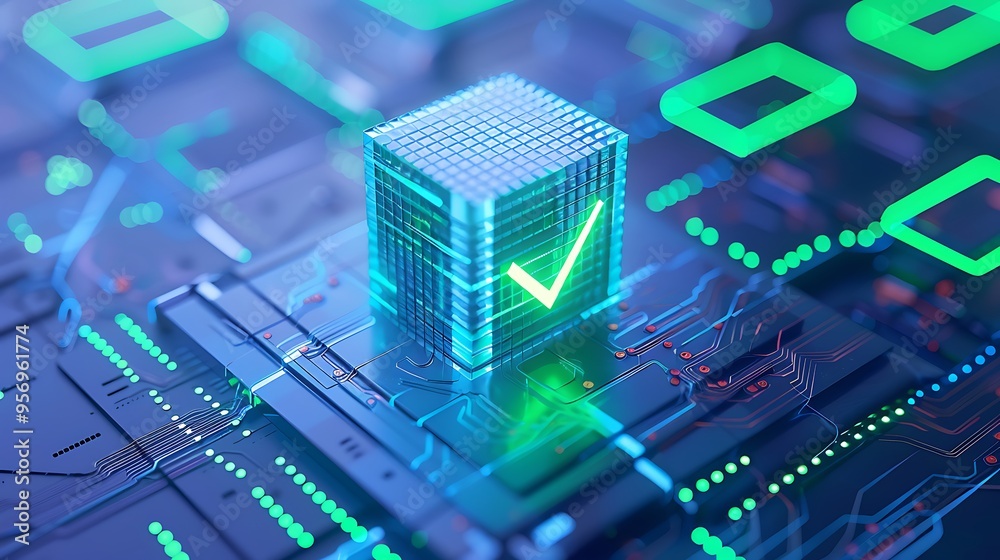 Poster futuristic digital concept with glowing green check mark on a cube, representing blockchain or ai te