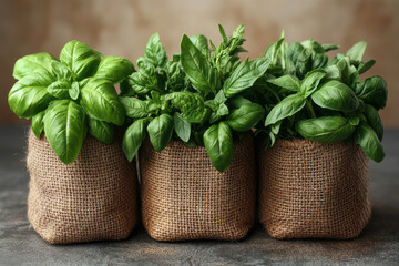 Naklejka premium A detailed close-up of freshly harvested herbs--basil, rosemary, and thyme--arranged in neat bundles on a rustic wooden surface, isolated on a pastel beige background,
