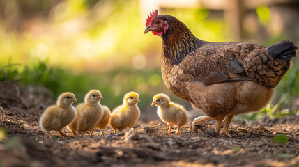 Mother Hen and Her Adorable Chicks on a Farm