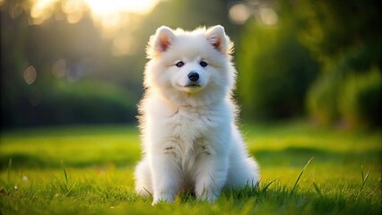 Adorable fluffy white Samoyed puppy sitting on a green grassy field, looking up with big brown curious eyes and wagging its tiny tail.