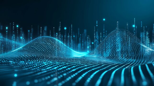 Abstract image featuring blue and green tones. It is a digital binary code wave background.