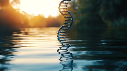 Obraz premium A 3D rendering of a DNA double helix standing in a calm body of water with a blurry background of a forest and setting sun.