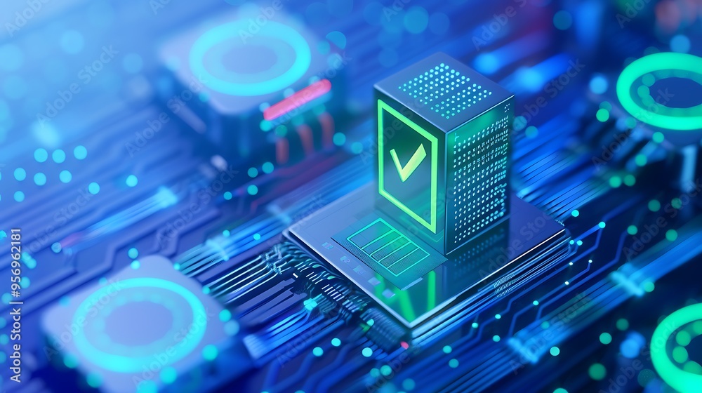 Poster futuristic digital data verification concept with glowing check mark on a motherboard representing c