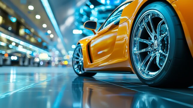 An orange sports car showcasing polished chrome and sleek tires at an auto show shows off its intricate wheel design.