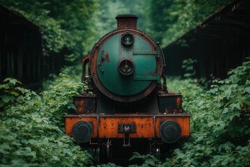 Fototapeta premium Abandoned steam train in a forgotten station, overgrown with ivy, hauntingly beautiful with a faded, vintage aesthetic