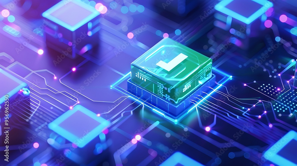 Poster futuristic digital microchip with glowing circuits representing advanced technology and data process
